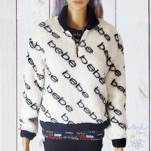 NWT BEBE AUTHENTIC AOP WOMEN'S LONG SLEEVE PULLOVER FUZZY SWEATSHIRT